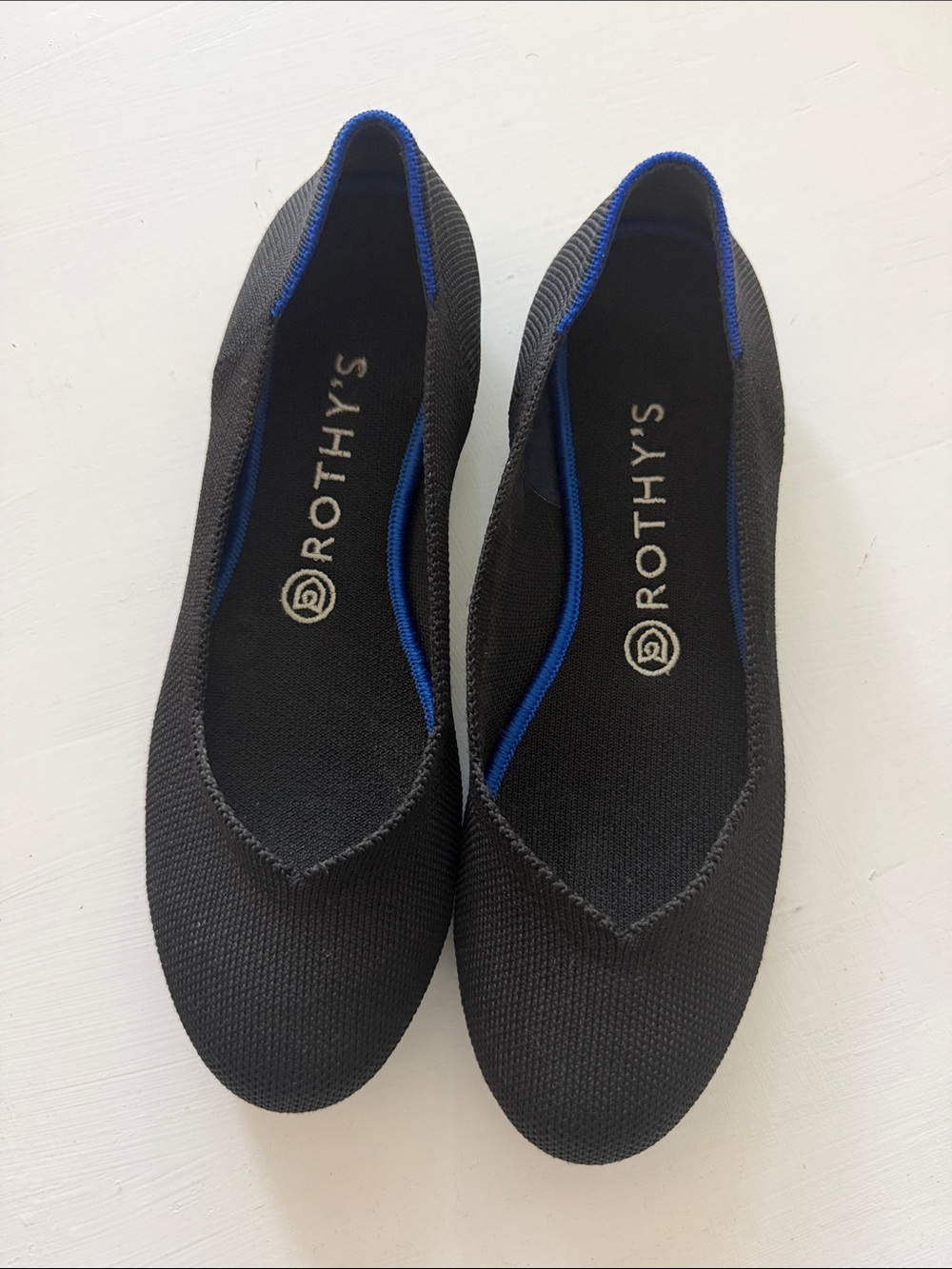 Rothy's Black Knit Flats with Royal Blue Trim